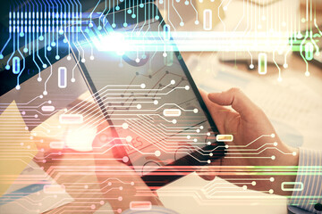 Poster - Multi exposure of man's hands holding and using a digital device and data theme drawing. Innovation concept.
