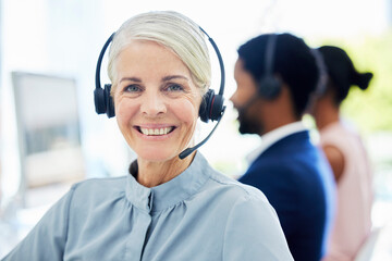 Portrait, call center and senior woman for customer support, conversation or smile in office, talk and happy. Client service, female agent and mature lady with headset for telemarketing or consultant