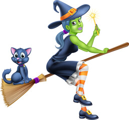 Wall Mural - Witch Halloween Cartoon Character on Broom Stick