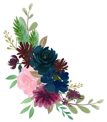 Watercolor vintage floral composition Pink and blue Floral Bouquet Flowers and Feathers Isolated