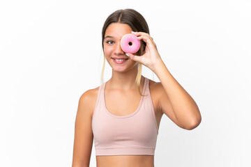 Wall Mural - Little caucasian girl isolated on white background holding a donut and happy