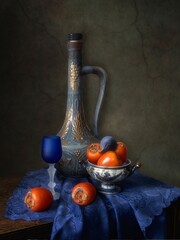 Wall Mural - Still life with persimmon and wine