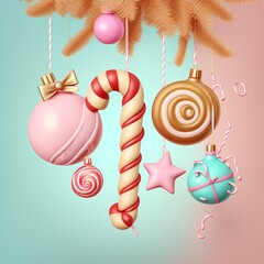 Wall Mural - Funny, ultra soft Christmas tree decorations isolated on pink background. Pastel colors. Colorful poster and banner. Cartoon minimal air style. 3D illustration