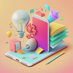 Poster - Funny, ultra soft Note book online in smartphone isolated on pink background. Pastel colors. Colorful poster and banner. Cartoon minimal air style. 3D illustration
