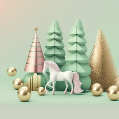 Wall Mural - Funny, ultra soft christmas background isolated on pink background. Pastel colors. Colorful poster and banner. Cartoon minimal air style. 3D illustration