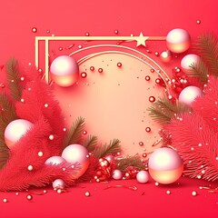 Leinwandbilder - Funny, ultra soft Christmas border with fir branches and decoration elements isolated on pink background. Pastel colors. Colorful poster and banner. Cartoon minimal air style. 3D illustration