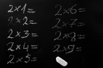 education school concept. elementary arithmetic multiplication table task written on a black chalkboard requiring a solution