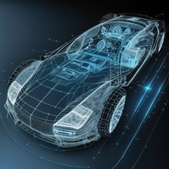 Poster - A hologram of a Car in the HUD UI style. Futuristic service, scanning and automatic data analysis. Car development. 3d illustration