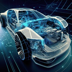 Poster - A hologram of a Car in the HUD UI style. Futuristic service, scanning and automatic data analysis. Car development. 3d illustration