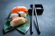 Tasty and fresh Nigiri sushi made of rice and salmon.