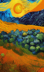 Wall Mural - Digital painting illustration of fall landscape in Van Gogh painting style, oil imitation, autumn scene