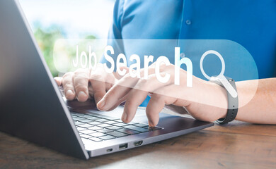 Poster - Search Engine Optimization SEO, data searching technology. Man hands typing on laptop computer keyboard to search information via internet browser. Data Search Technology Search Engine Optimization