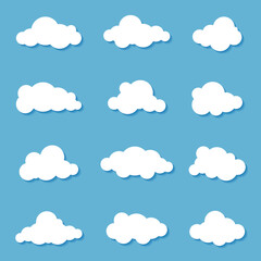 Poster - Different clouds on blue sky in origami design. Collection of white paper cut out cloud icons. Paper cloud. Weather symbols. Vector illustration