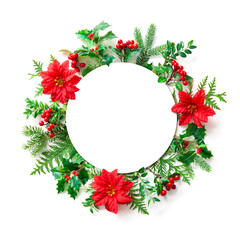 Wall Mural - round frame of christmas tree branches and decorations with blank card and space for text