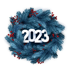 Canvas Print - 2023 sign over fir wreath with red berries.