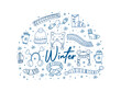 A set of hand-drawn winter clothing. Vector illustration in doodle style. Winter mood. Hello 2023. Merry Christmas and Happy New Year. Blue elements in the shape of a circle on a white background.