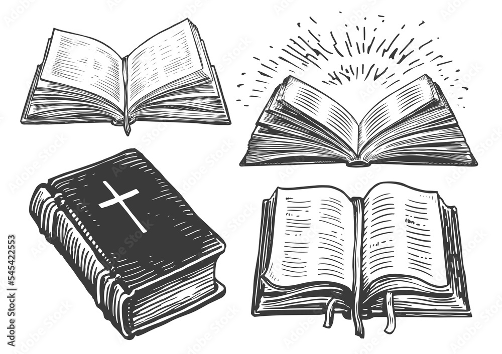 Holy Bible sketch. Old open book with ribbon bookmark. Hand drawn ...