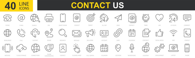 Poster - set of 40 contact us web icons. web and mobile icon. chat, support, message, phone, web. outline ico
