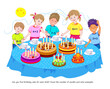 Math education for kids. Can you find birthday cake for each child? Count the number of candles and solve examples. Educational page for children on addition and subtraction for school workbook.