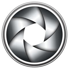Poster - 3d symbol, abstract lens with shutter, isolated icon design.
