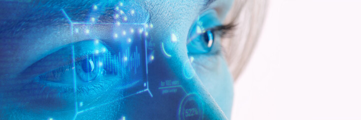 Wall Mural - Close up view of blue eye with futuristic holographic interface to display data. Portrait of beautiful young woman, half of face. Augmented reality, future technology, internet concept.