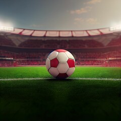 Poster - 3D digital render of a red white soccer football on a green field in a full stadium at a game