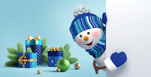 3d Render. Christmas Banner. Cute Funny Snowman Wears Blue Cap And Striped Scarf, Looks Out The Corner With Gift Boxes And Festive Ornaments. Happy New Year Greeting Card