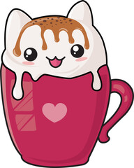 Sticker - Cute kawaii cartoon character of a kitten in a mug with coffee