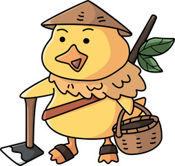 Wall Mural - Cute kawaii little duck clipart with Vietnamese leaf hat, basket and axe