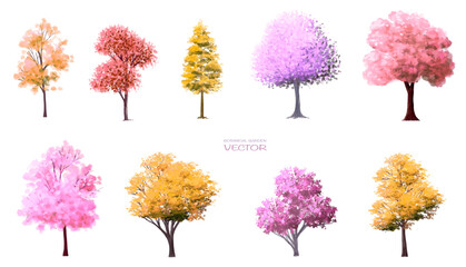 Wall Mural - Vector watercolor blooming flower,tree or forest side view isolated on white background for landscape and architecture drawing,elements for environment and garden,botanical for section in spring 