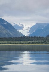 Wall Mural - Vertical shot of clear lake with green forests and snowcap mountains in the background