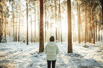 Canvas Print - Woman in a white puffer jacket against the background of snow-covered trees on a sunny day.