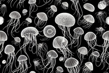 Seamless Pattern With Jellyfish On Black Background Illustration Generated By AI 