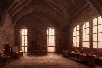 Wall Mural - Digital art of a medieval room made of stone with windows and wooden furniture