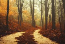 Path Through A Mysterious Foggy Autumn Forest Landscape Generated By AI