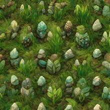 Artwork Of Rough Stones With Plants On Grass Landscape