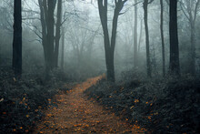 Path Through A Mysterious Foggy Forest Landscape Generated By AI