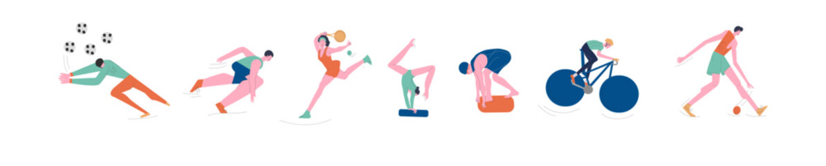 Collection of cute funny men and women performing different sports activities. Set of happy workout or exercise people isolated on white background. Vector illustration in flat cartoon style sport set