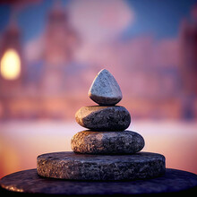 Zen Stones Stack 3d Illustration, Balanced Pebbles In Pile With Sunset On The Background, Calm And Harmony Concept