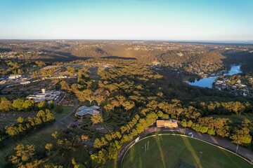 Sticker - Sutherland Oval, Woronora River and Sutherland suburb surrounded by lush greenery, Sydney, Australia