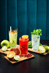 Poster - Summer healthy cocktails, set of various citrus lemonades or mojitos, with lime lemon orange grapefruit, diet detox beverages