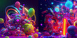 © Firgapolis - Christmas holiday mood, gifts toys, Christmas toys, neon light, Christmas tree, Color explosion, 3D render, Composition, Balls, New Year mood, collection, background with bubbles, abstract