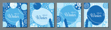 Set Of Square Winter Christmas Cards Printable And For Social Media Stories, Collection Of Abstract Vector Frost Blue Templates With Snow And Fir Trees