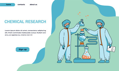 Aufkleber - Landing page laboratory tests and experiments. Scientist research. Scientific workers with analysis flasks. Chemical lab. Chemists in protective uniform. Vector website design template