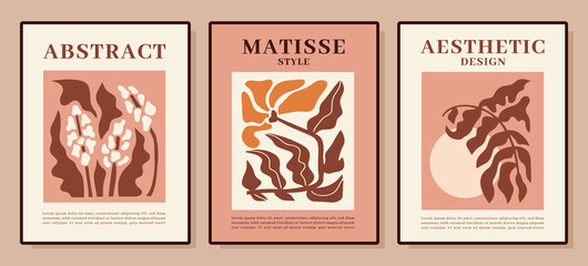 Poster - Matisse posters, abstract minimal art. Modern organic lines, contemporary floral fashion wall, flower prints collection. Trendy covers, hand drawn leaves and flowers. Vector design collection