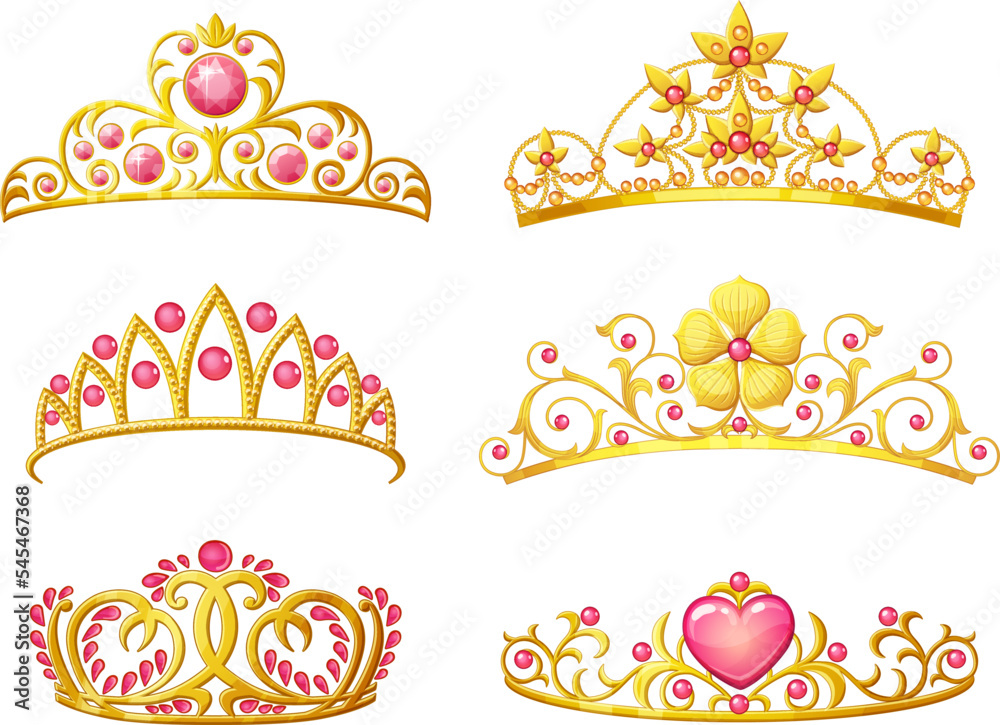 Set Of Queen Golden Crowns Vector Icons Isolated On White Background Set Of Queen Golden Crowns Vector Icons Isolated On White Background