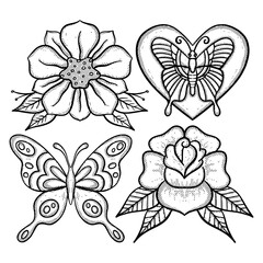 Wall Mural - Collection set flower and butterfly Illustration hand drawn sketch for tattoo, stickers, logo, etc