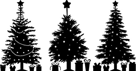 silhouette decorated Christmas tree and gifts, vector design isolated