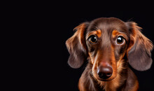 Picture Of Cute Dachshound Puppy Dog  On Dark Background, Space For Text. Portrait Of A Dachshund Dog. Cute Dog  Animal Illustration. Digital Art