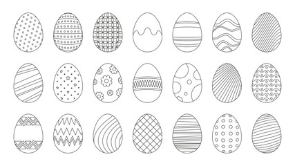 Poster - easter eggs line icons. black outline sketch doodle style for egghunting decoration, simple minimal 